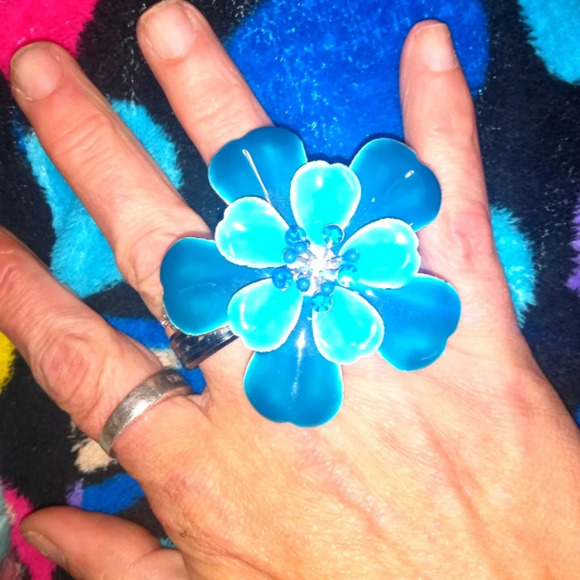 Vintage Blue Enamel and Rhinestone Adjustable Lotus Flower Ring - Picture 1 of 4